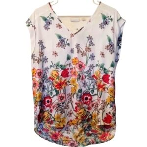 New York & Company Red and Yellow Floral Silky Sleeveless Blouse